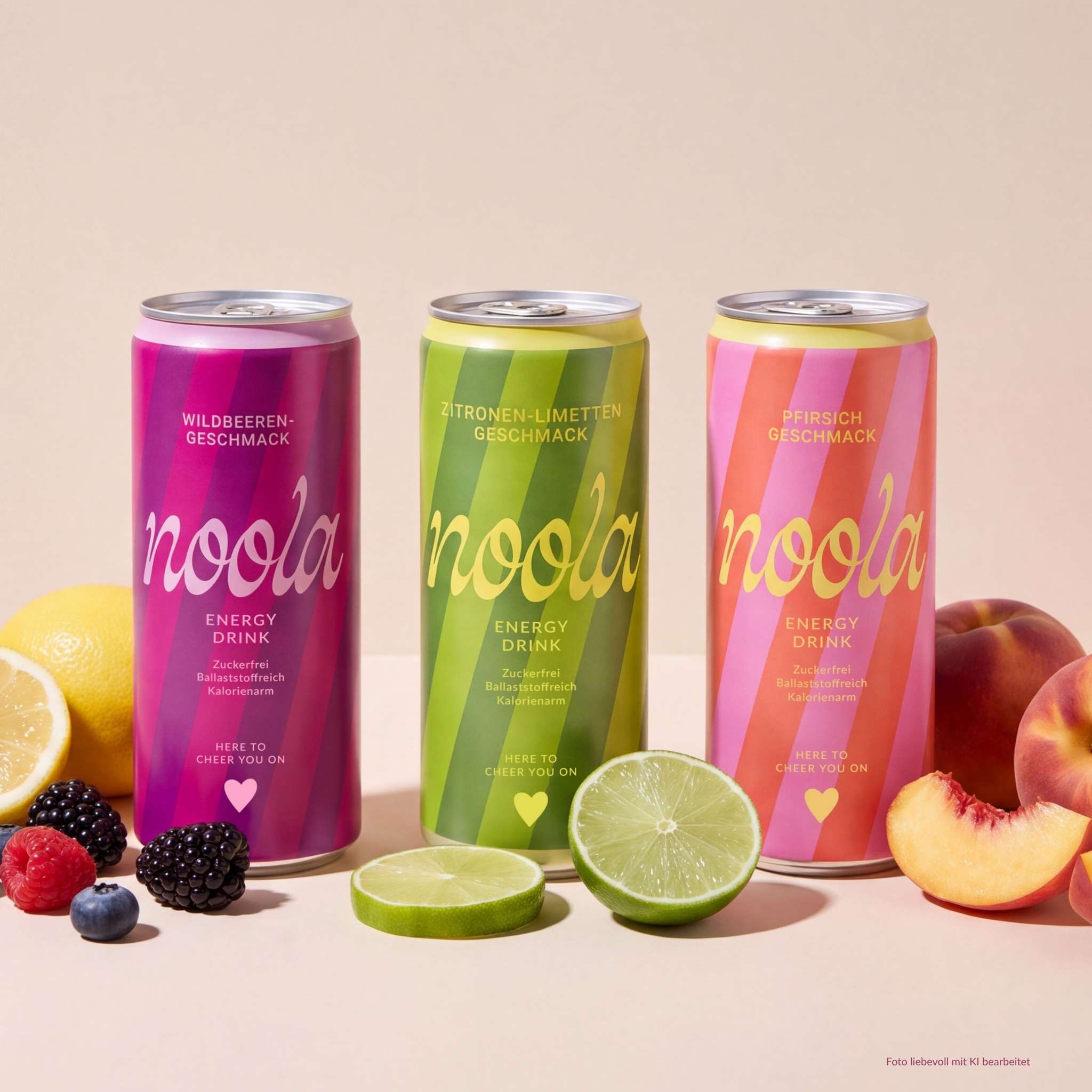 noola Energy Drink Dosen im Sorten-Mix: Wildbeere, Zitrone-Limette und Pfirsich, umgeben von frischen Beeren, Zitrusfrüchten und Pfirsichen