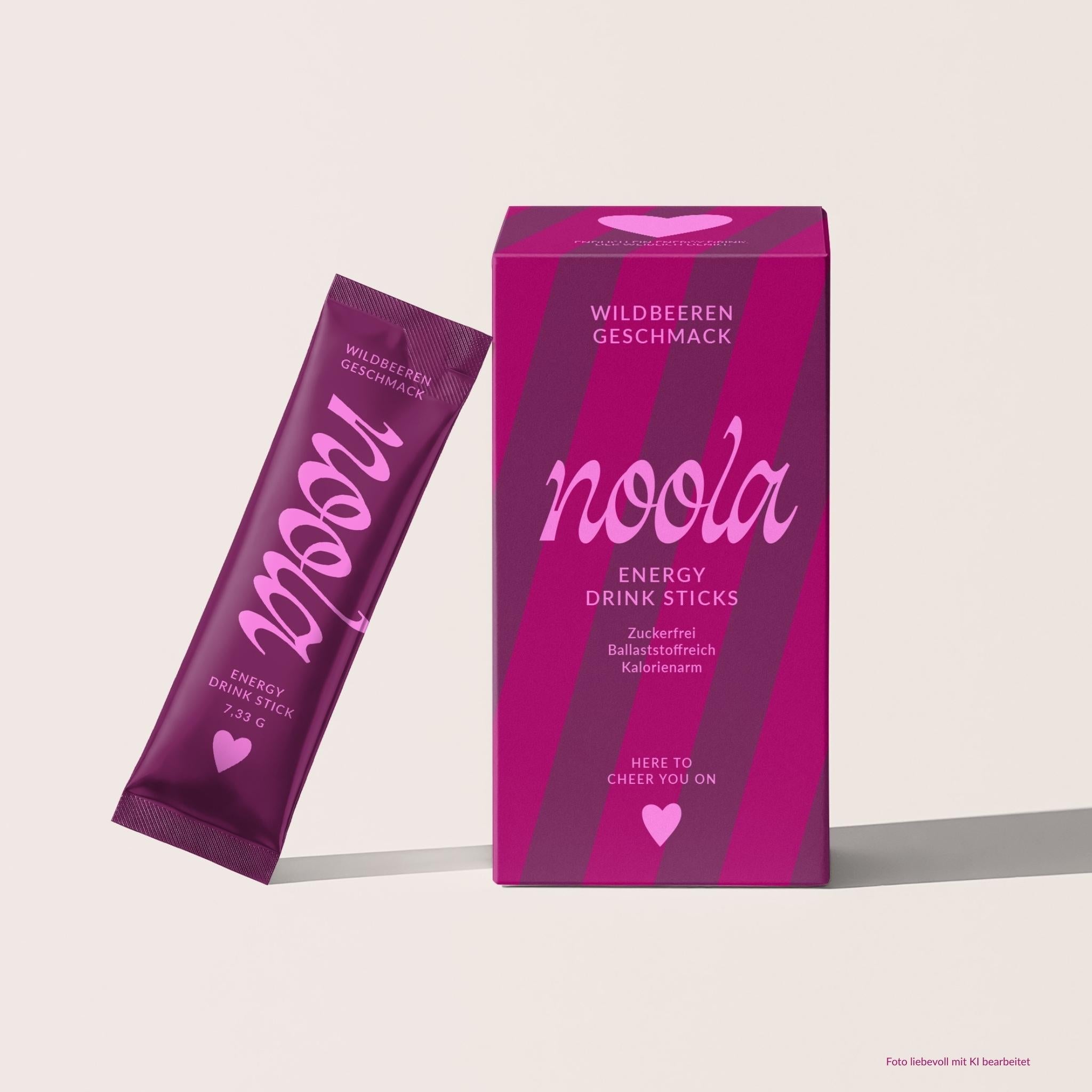noola Energy Drink Sticks Wildbeere Verpackung mit einzelnem Stick, zuckerfrei