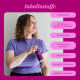 Inhaltsstoffe der noola Energy Drink Wildbeere im Überblick: Apfelessig, Koffein aus Grüntee-Extrakt, mit Sprudel, natürliche Aromen, Vitamin B & C, ballaststoffreich