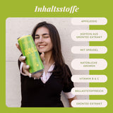Inhaltsstoffe der noola Energy Drink Zitrone-Limette im Überblick: Apfelessig, Koffein aus Grüntee-Extrakt, mit Sprudel, natürliche Aromen, Vitamin B & C, ballaststoffreich