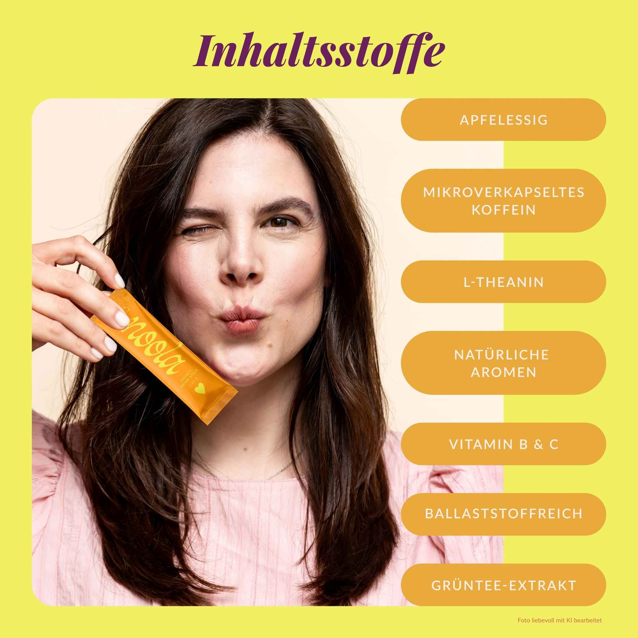 Inhaltsstoffe der noola Energy Sticks Mango-Maracuja im Überblick: Apfelessig, mikroverkapseltes Koffein, L-Theanin, natürliche Aromen, Vitamin B & C, ballaststoffreich