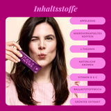 Inhaltsstoffe der noola Energy Drink Sticks Wildbeere im Überblick: Apfelessig, mikroverkapseltes Koffein, L-Theanin, natürliche Aromen, Vitamin B & C, ballaststoffreich